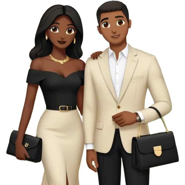 the Lebanese man dressed in all black, and the Palestinian woman in an elegant off-shoulder cream-colored outfit with a matching handbag. The background features a textured stone wall,and lush greenery, they are Arab couple  emoji