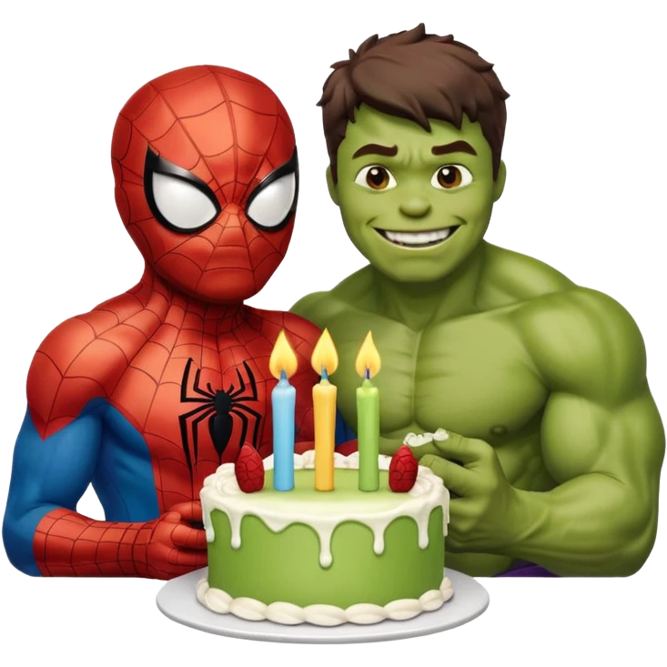 Spider-Man and Hulk eating a birthday cake emoji