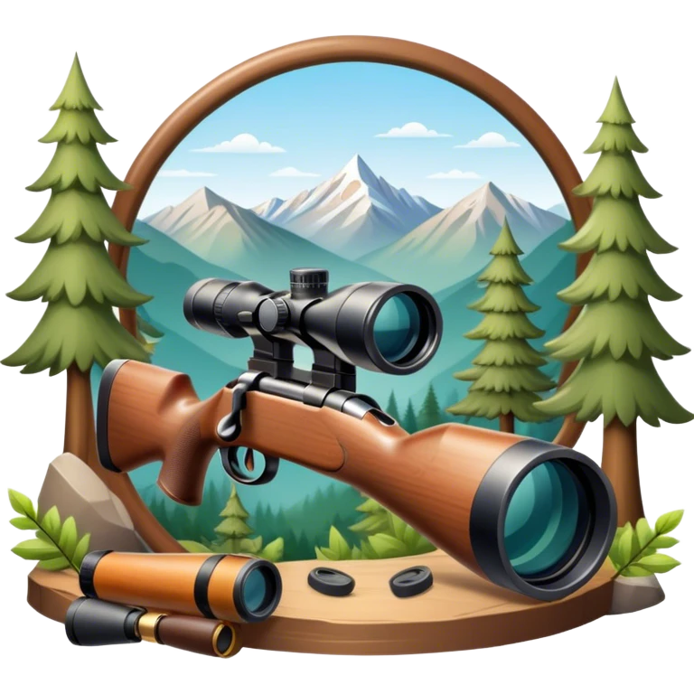 Icon for Hunting Tourism: hunting rifle, binoculars, and a target, surrounded by nature elements like trees, mountains, and wildlife tracks. The icon should represent the adventure and exploration of hunting tourism. Transparent background. emoji