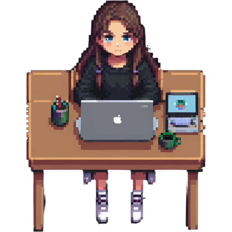 girl sitting at a desk with a MacBook, face partially hidden, cozy workspace, pixel art style emoji