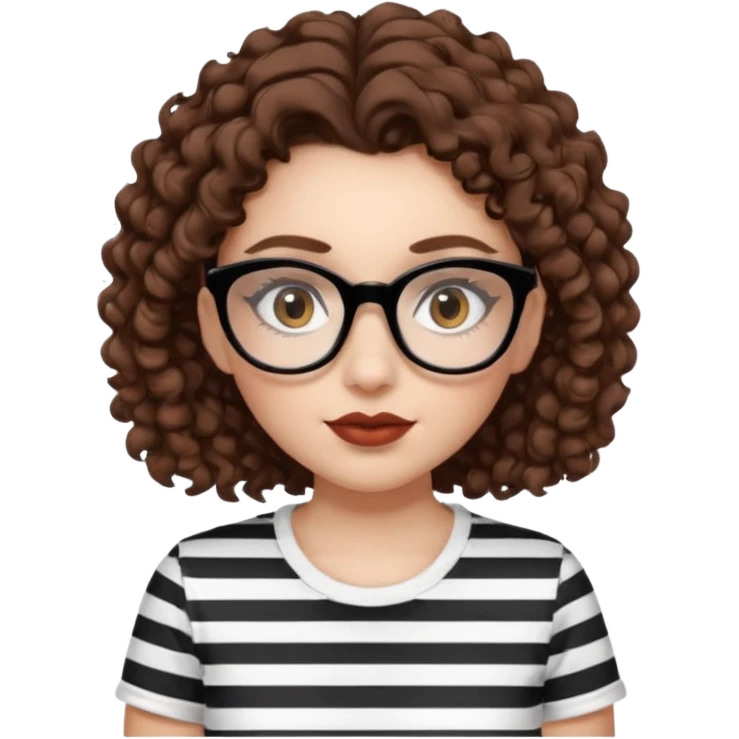 I want to describe me. I am a girl with brown hair amd curly hair. I have brown eyes and black glasses and long lashes with mascara. My lips are medium and my nose as well. I wear a white T-shirt  with black stripes. I am white skin with long curly hair emoji