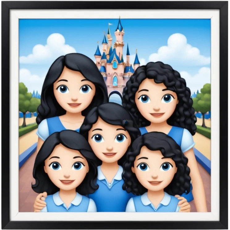 escribe el nombre Disneyland Paris y para titulo, pon a quatro chicas: una pelo corto negro, una pelo rizado largo, una pelo largo liso y la otra pelo ondulado mediano, esta con el ojos azules. Haz un cuadrado rectangular grande en grande blanco y por los lados pon a las chicas que te he descrito emoji
