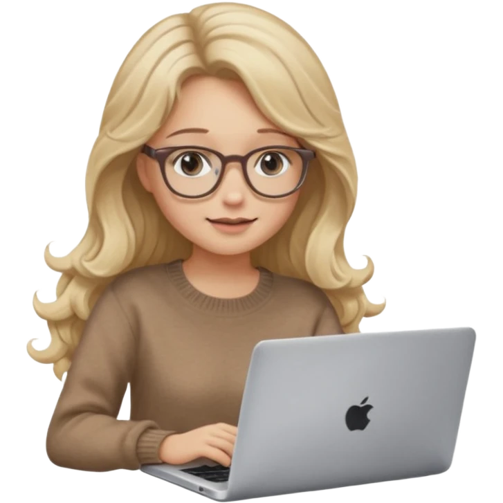 blonde girl with long dark blonde wavy hair, pantos-style glasses, a brown sweater, sitting with a laptop, looking in laptop, soft pastel, upper body shot emoji