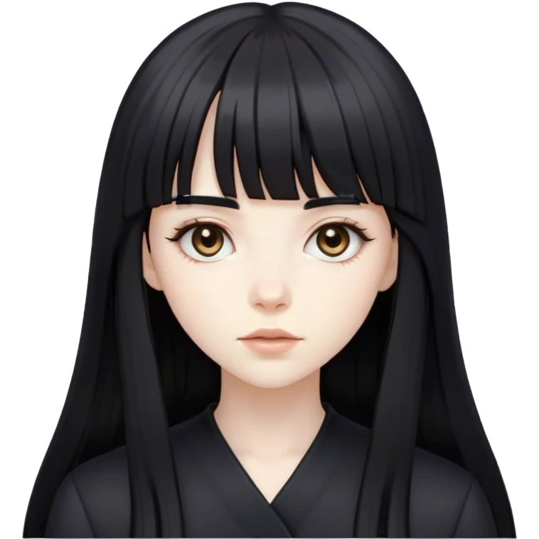 a very pale white feminine girl with long black hair with bangs with big light brown eyes looking like a porcelain doll with black clothes emoji