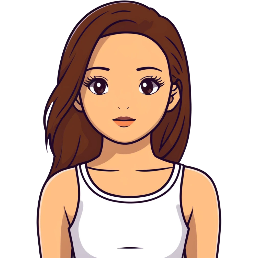beautiful girl, long straight brown hair, brown eyes with lashes, wearing a white crop top, tan skin emoji