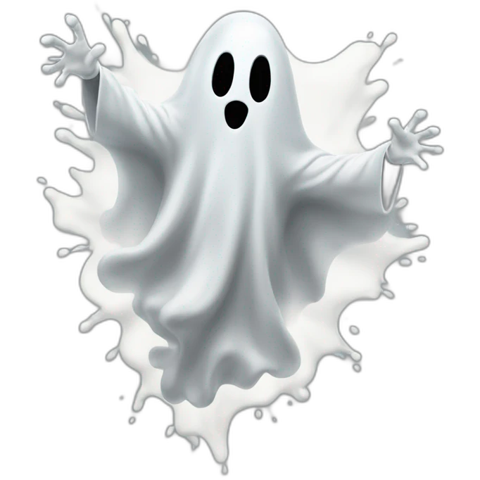 ghost blasting out of a wall and ejecting a spray of greyish white milky substance from lower torso in all directions emoji