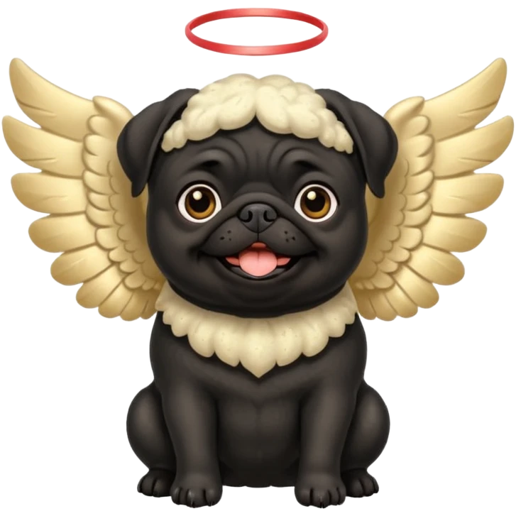 Black pug with big fluffy cream colored angel wings with gold dust on them emoji