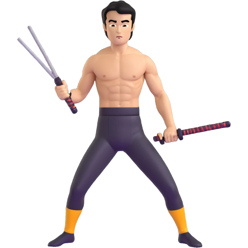 Bruce Lee with nunchaku, martial arts pose, shirtless with toned muscles emoji