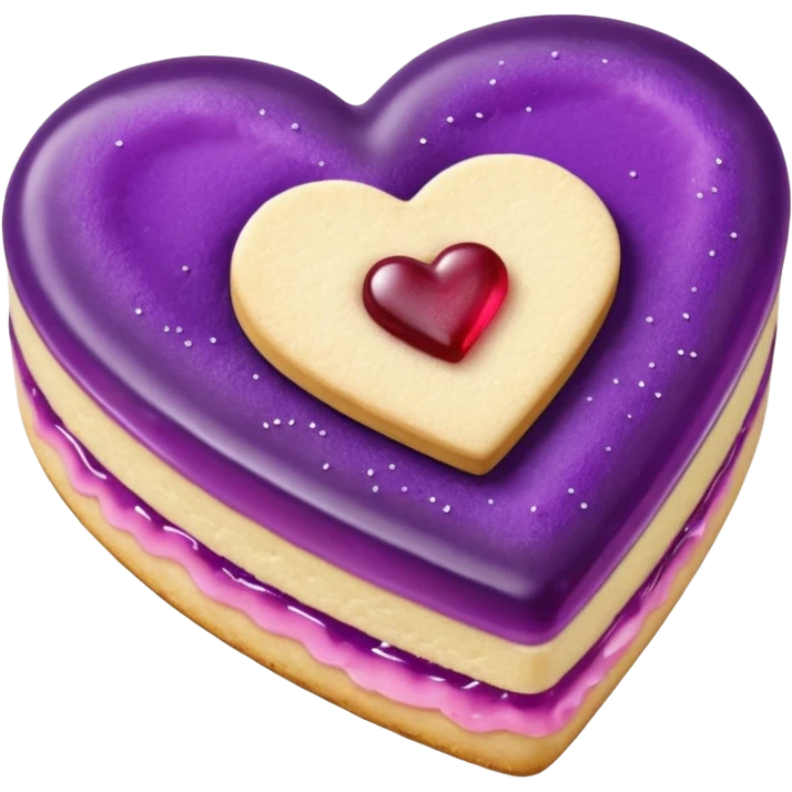 Realistic shortbread cookie in the shape of a heart with violet jelly middle filling and sprinkled powder sugar on top. emoji