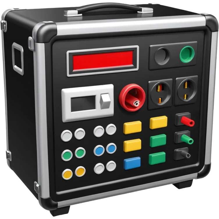 An open black hard-shell test case, inside: technical control panel, a power outlet, USB port, and colored test sockets. A large roll of white test labels lies next to the equipment, along with one red test probe. emoji