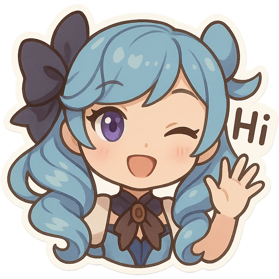 Gwen from League of Legends, chibi style, only head, hi emote, right eye purple, sample 4 emoji