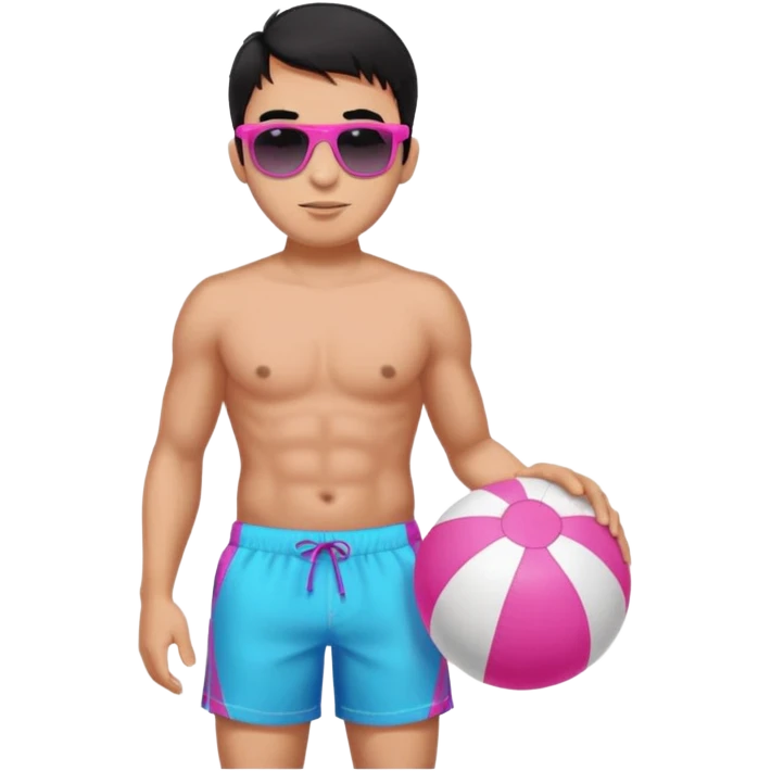 Hawaiian male with black hair with pink highlights and a swim short, with beach ball with sunglasses emoji