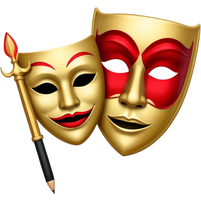 Create a bold and dramatic emoji representing the art of playwriting. The design should feature an open script or a theater playbook, with stylized text lines or dramatic dialogue inside. Include elements like a theatrical comedy and tragedy masks, a stage spotlight, or a writting quill to symbolize creativity and performance. Use deep, contrasting colors like red, black, and gold to evoke the intensity and passion of drama. The overall design should feel dramatic, inspiring, and artistic. Make the background transparent. emoji