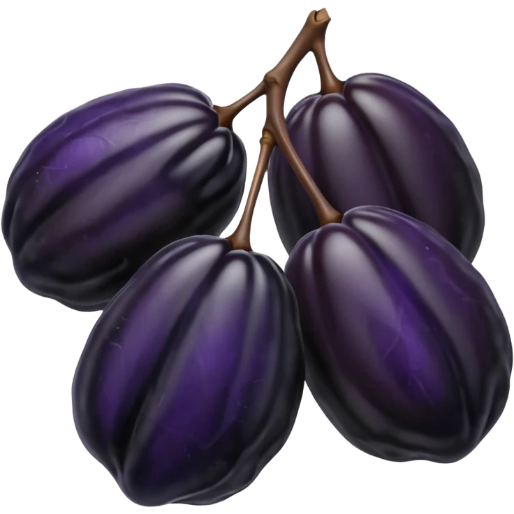 two glossy dried prunes with deep black-purple skin, richly wrinkled shiny surface, oval and slightly irregular shape, soft folds, tender and sticky look, no pit, branch, or garnish, soft lighting, subtle shadows, emoji scale emoji