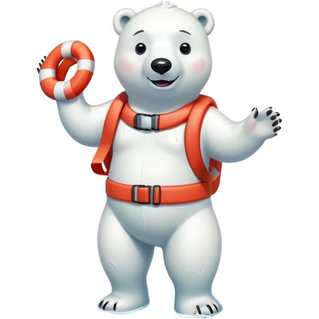 full body friendly anthropomorphised polar bear smiling wearing colorful swim suit and scuba goggles holding red and white life buoy standing in small puddle emoji