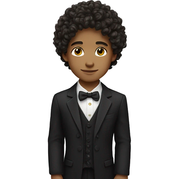 a boy wearing formal clothes with fair complexion brown eyes with curly hairs black  long hairs emoji