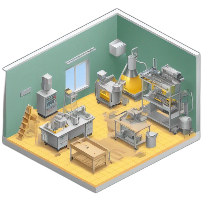 isometric square transparent solid outline border containing indoor creative workshop handmade factory 3 people actively working cnc machine tools vacuum simple clean industrial emoji