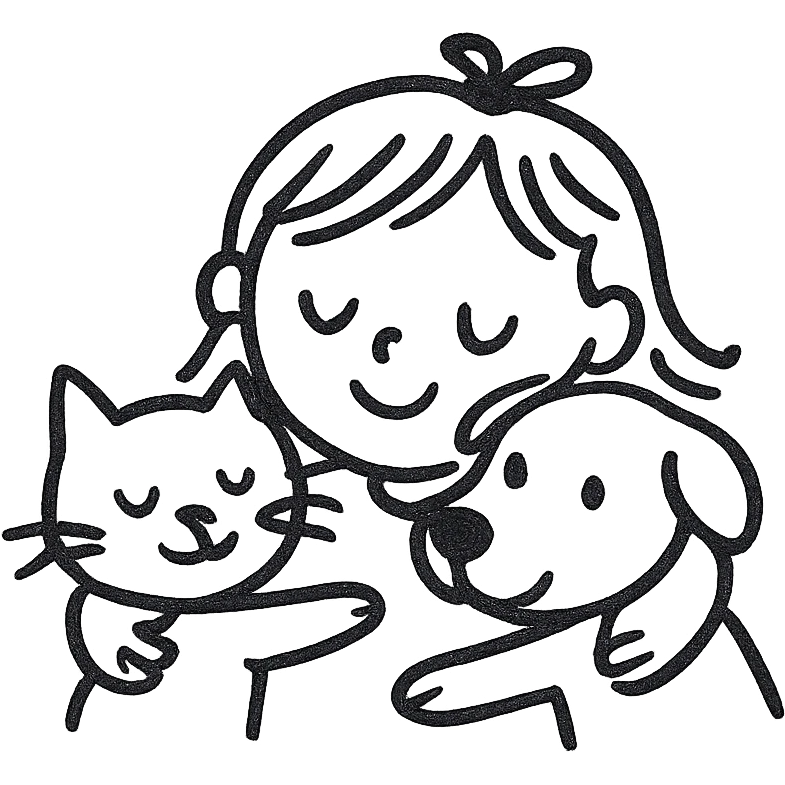 hand drawn outline icon of a cute little girl hugging a cat and a dog, playful lines, no fill, expressive and whimsical emoji