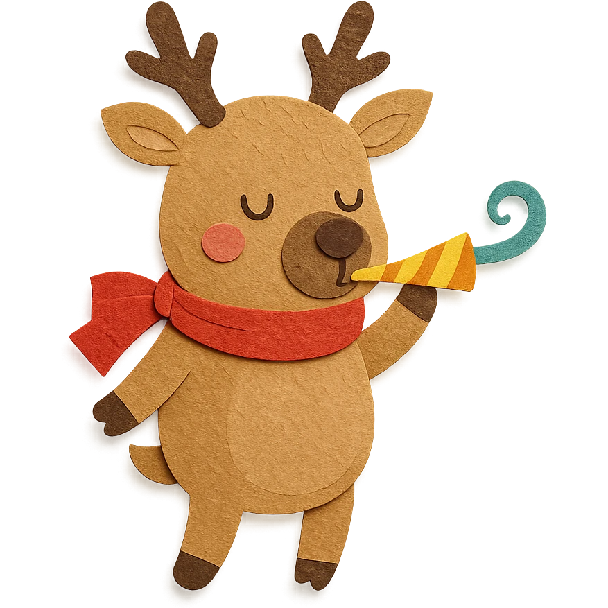 deer with ribbon scarf holding birthday horn in paper-craft style emoji