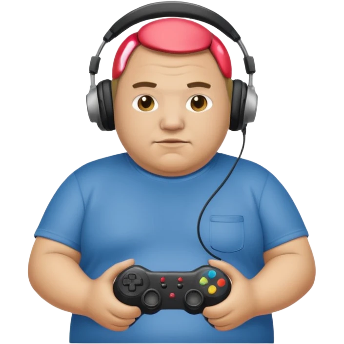 Really fat man with headphones and a T shirt with a controller on it emoji