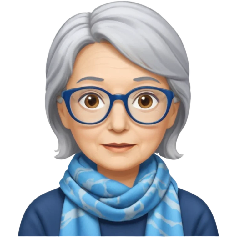 Older woman, shoulder length gray hair, wearing a scarf tied around hair, marbled blue rectangular glasses  emoji