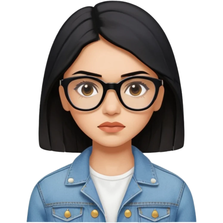 generate a pretty bratz emoji 
Make her wear a white dress with a denim jacket over it. black hair side part 

She should look exactly  like Deepika padukone! wearing tiny rectangular spectacle, looking sad emoji
