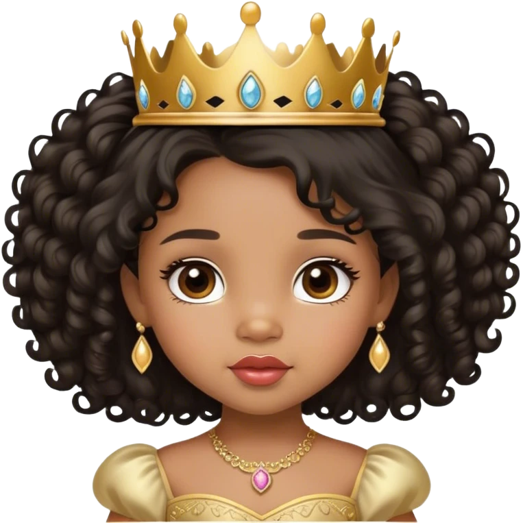 princess, medium brown skin tone, very adorable toddler, with big plump lips, long long lashes, black curly long hair, brown eyes, gold tiara emoji