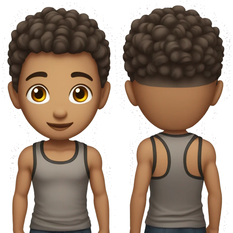 Boy with shaved hair on the sides and curly hair on top, dark brown eyes, wearing tank top emoji