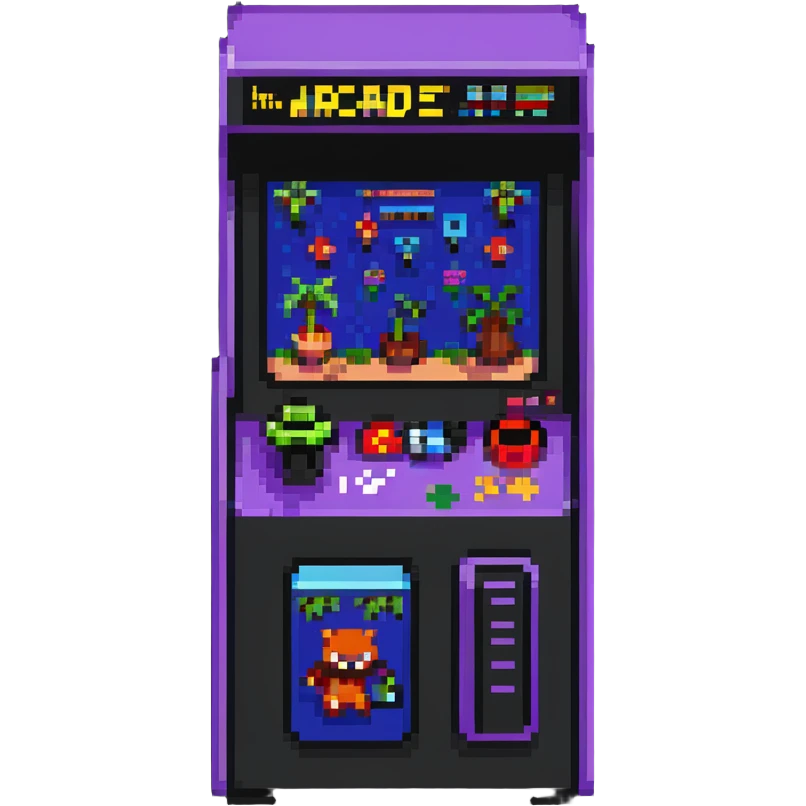 A retro pixel art arcade machine with 8-bit game characters on screen emoji