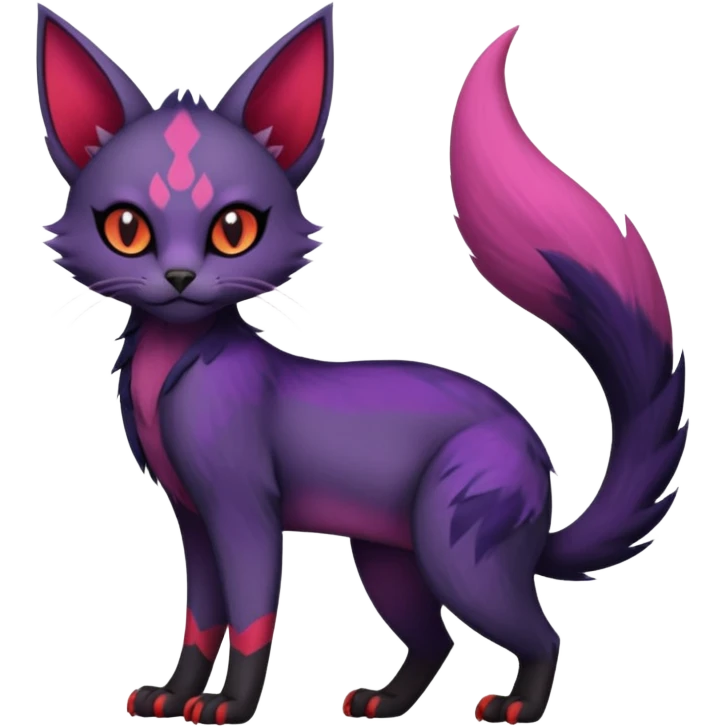 Black edgy Noibat-Purloin-Torracat-Lykoi-Caracal-cat-Fakemon-fusion-hybrid-creature with violet and red scale markings emoji