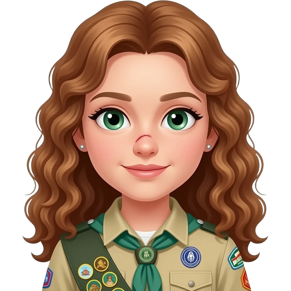 draw a girl in scout uniform with light brown ,curling , long hair in a  ponytail and green eyes and a scar on her nose she has also some earrings and the hair is flat emoji