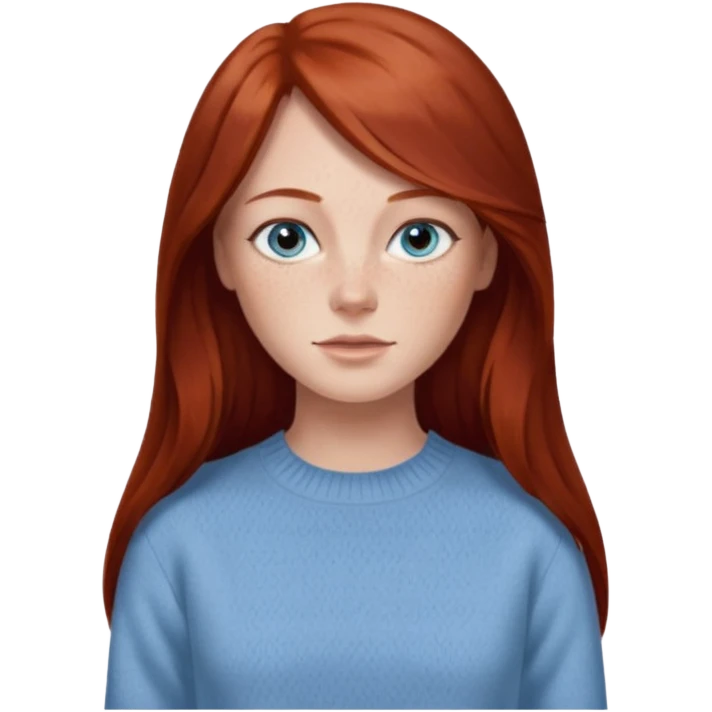 woman with long dark auburn red hair that is mostly straight but has slight waves to it. grey blue eyes. some freckles. wearing a Swedish style sweater that is neutral. the image on the right is closer emoji