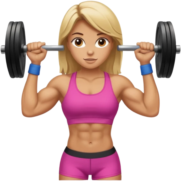 Blondish brown haired girl with big muscles lifting weights   emoji