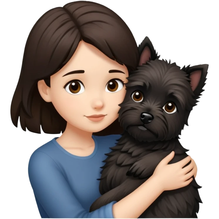 Brunette girl with black cairn terrier big hug emoji