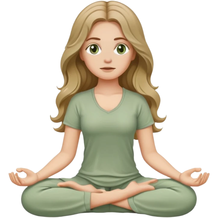 White girl, with long wavy dark blonde hair and hazel eyes, meditating wearing sage green emoji