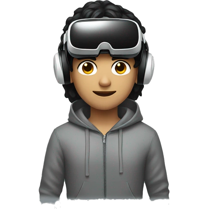 a guy with black hair, wearing a hoodie using a vr headset emoji
