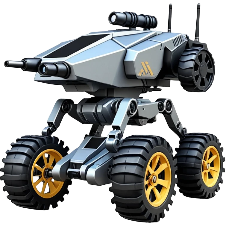 unstoppable jumping accurate 8-wheel armored canine sporty self-balancing massive mech trail vehicle shooting forward side-hill leaning actively robotically articulating hydraulic independent suspended pod gimbal enemy mech off-road racing rover with large fast engine RC basher crawler megatron  emoji