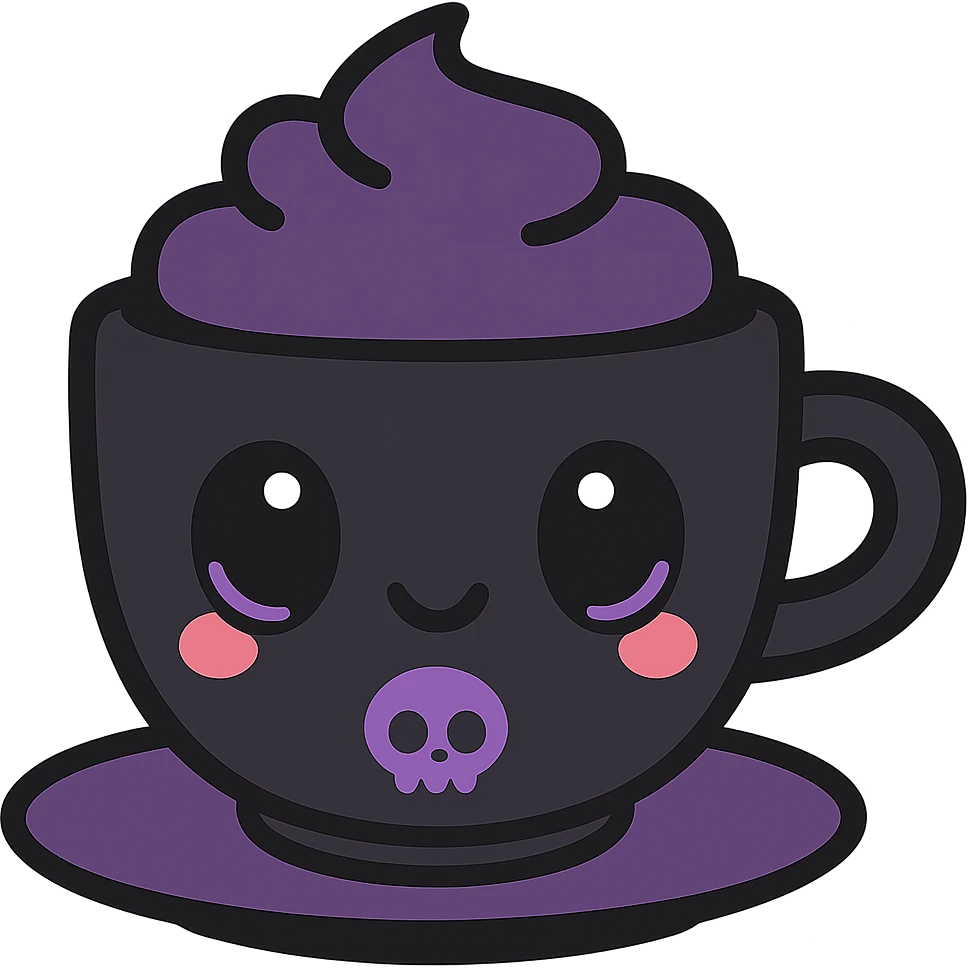 kawaii style gothic mocha in a cup with skull motif, adorable expression, black and purple color scheme, blushing cheeks, cute and mysterious emoji