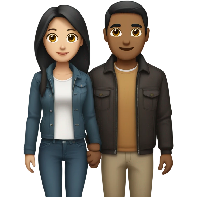 a couple holding hands. the guy has black middle part hair and is Persian and Filipino mix, wearing a jacket. the girl has brown medium length hair white and asian mix, wearing a crop top. emoji