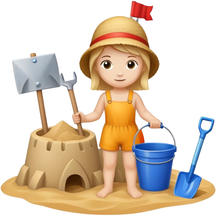 child with a bucket and shovel next to a sandcastle emoji