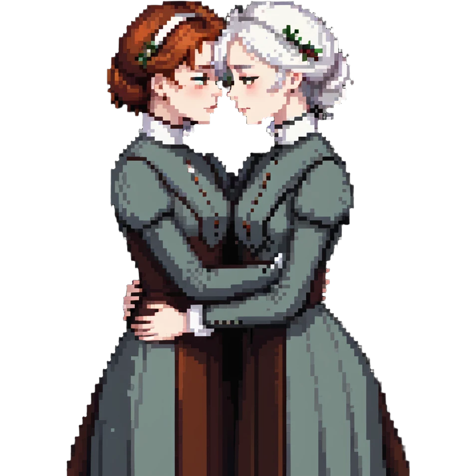 Two Victorian women with light eyes, one with bright pure white coiffed hair and one with dark copper coiffed hair, wearing Victorian turtleneck dresses, embracing tightly in an extremely sad, intimate hug emoji