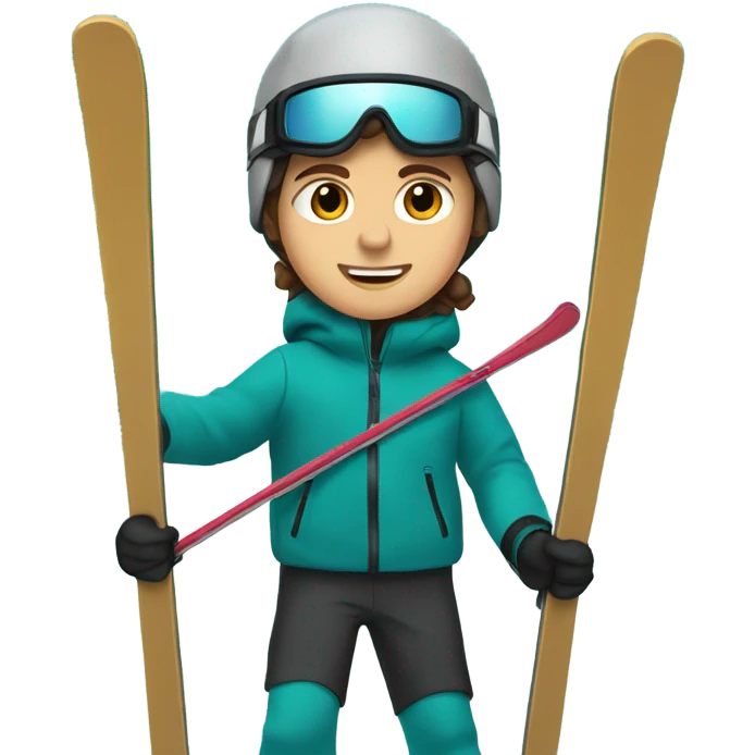 white Boy with wavy brown hair skiing on teal skis. He is wearing a gray coat and black snow pants  emoji