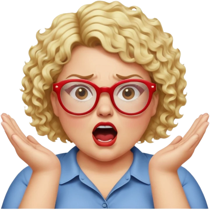 blonde woman with short curly hair, slightly overweight, wearing red-framed glasses, shouting with hands on sides of mouth, angry and proud expression emoji