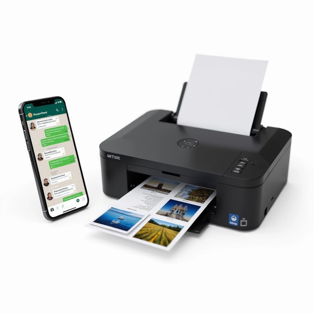 realistic thumbnail for a WhatsApp print out service, smartphone on the left with WhatsApp chat showing multiple file types, printer on the right printing out images and documents, white background emoji