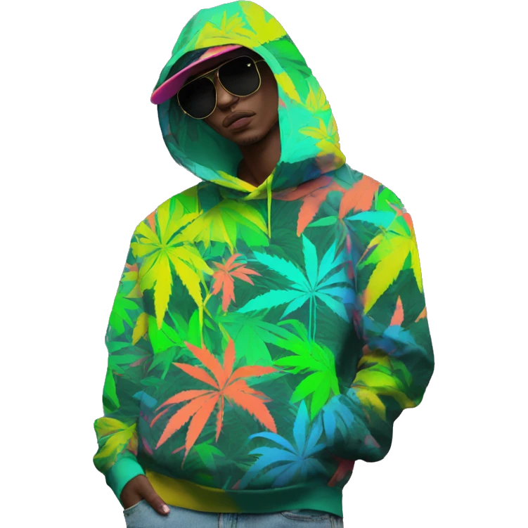 Hemp leaves Multicoloured neon person smoking wearing hoodie dancing hip hop bucket hat tropical Skater fashion aesthetic baggy clothes graphic t shirt 420 emoji