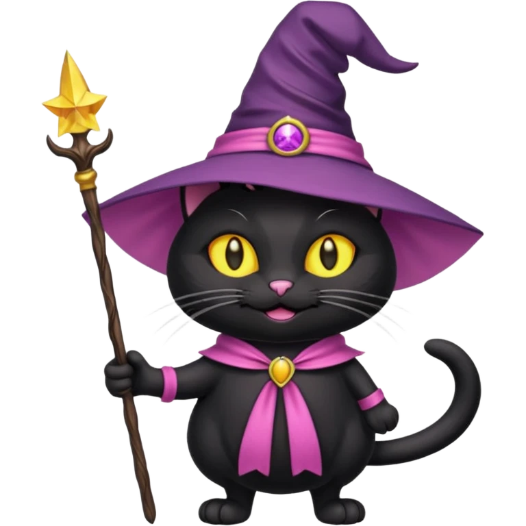 Gotito negro con ojos amarillo sonriendo feliz con los bigotes largos y disfraz de bruja de color rosa el disfraz con varita emoji