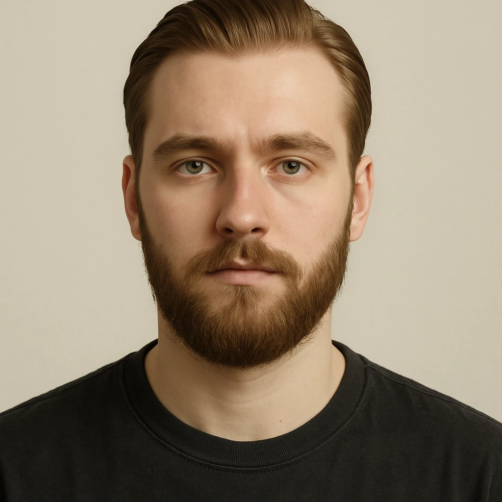 portrait of a young man with short light chestnut hair slicked back, medium-length thick beard, light green eyes, fair skin, oval face, neutral expression, wearing a dark t-shirt, plain light background, shoulder-up front view emoji