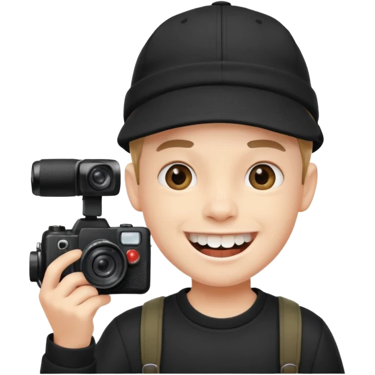 cheerful boy in black cap showing big front teeth holding a camera emoji