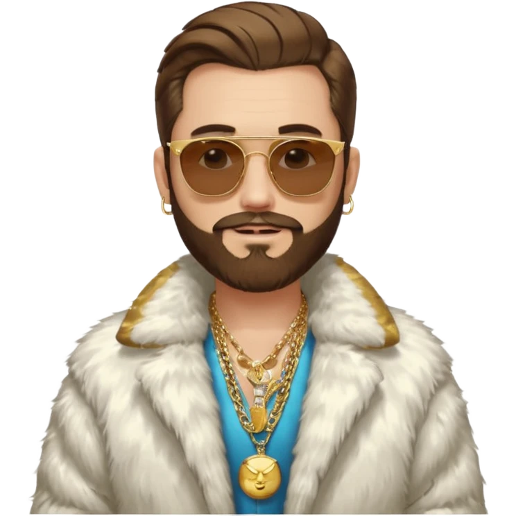 émoji blanc homme barbu, cheveux bruns collés au crane avec raie au milieu, grosses lunettes de soleil rectangulaires à grosse branches, gros bijoux en or (chaine, montre,) manteau de fourrure très fluffy sur les épaules sourire en coin, boucles d'oreilles emoji