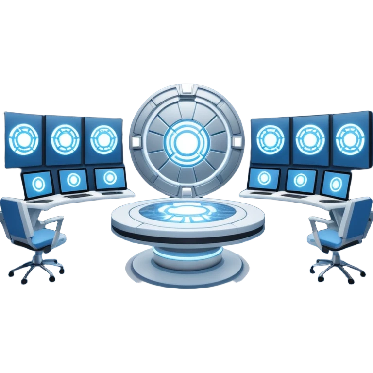 A futuristic workspace powered by an arc reactor, glowing blue and white, with holographic screens displaying creative content. Dynamic, high-tech, and inspired by Iron Man. emoji